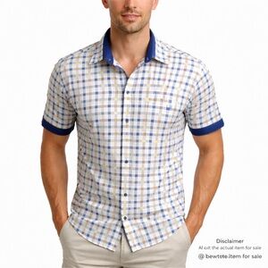 SUSLO Medium White Blue Yellow Check Short Sleeve Stretch Camp Shirt